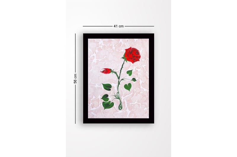 Inramad Canvastavla i trä - 41x56 cm - Röd ros med gröna blad på en mjukt marmorliknande bakgrund - Röd / Grön / Ljusrosa - Inredning - Tavlor & konst