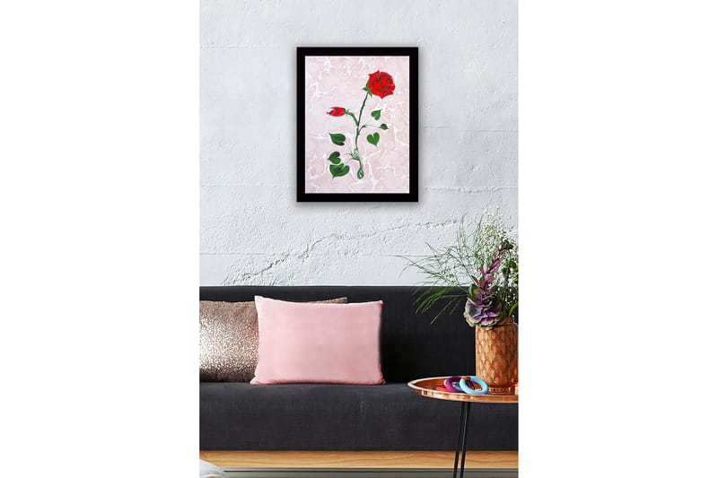 Inramad Canvastavla i trä - 41x56 cm - Röd ros med gröna blad på en mjukt marmorliknande bakgrund - Röd / Grön / Ljusrosa - Inredning - Tavlor & konst