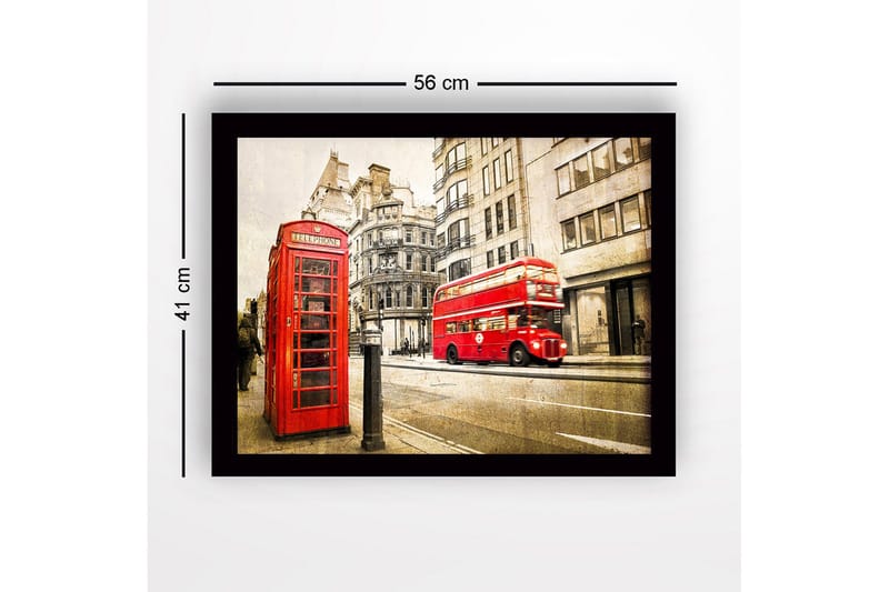 Inramad Canvastavla i trä - 41x56 cm - Röd telefonkiosk i en stadsmiljö med en dubbeldeckarbuss i rörelse - Röd / Grå / Beige - Inredning - Tavlor & konst