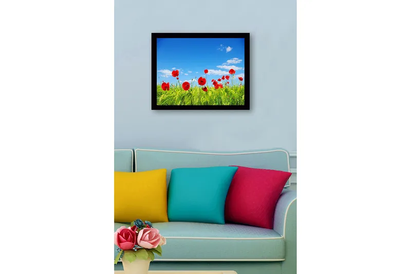 Inramad Canvastavla i trä - 41x56 cm - Röd vallmo i en grön äng under en klarblå himmel - Röd / Grön / Blå - Inredning - Tavlor & konst