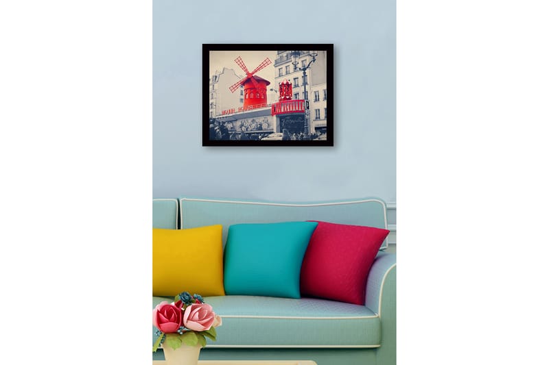 Inramad Canvastavla i trä - 41x56 cm - Röd vindmöll med neonljus vid Moulin Rouge - Röd / Svart / Grå - Inredning - Tavlor & konst