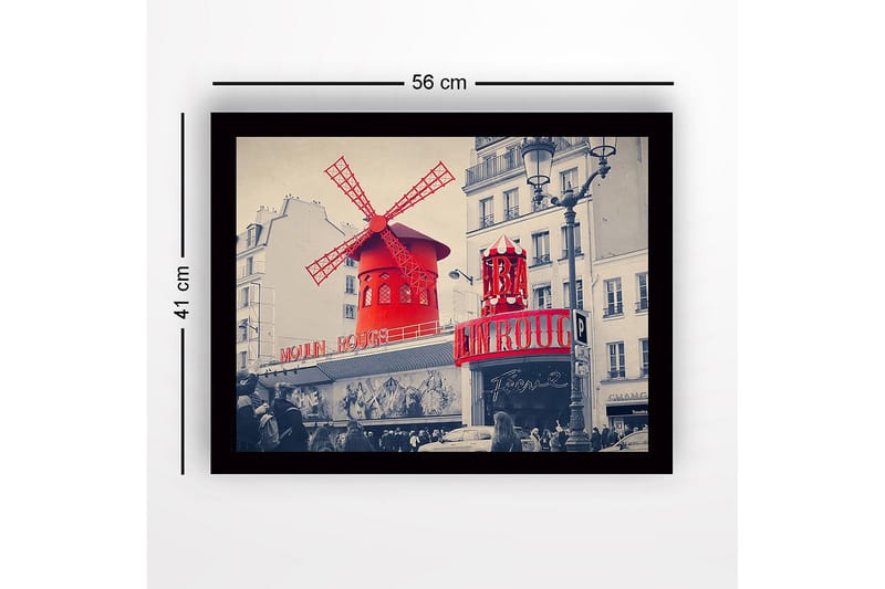 Inramad Canvastavla i trä - 41x56 cm - Röd vindmöll med neonljus vid Moulin Rouge - Röd / Svart / Grå - Inredning - Tavlor & konst