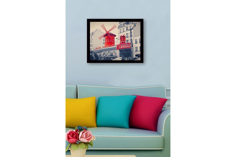 Inramad Canvastavla i trä - 41x56 cm - Röd vindmöll med neonljus vid Moulin Rouge - Röd / Svart / Grå - Inredning - Tavlor & konst