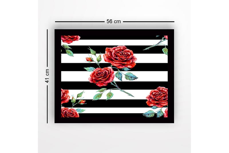 Inramad Canvastavla i trä - 41x56 cm - Röda rosor mot svart-vita ränder - Röd / Grön / Svart - Inredning - Tavlor & konst