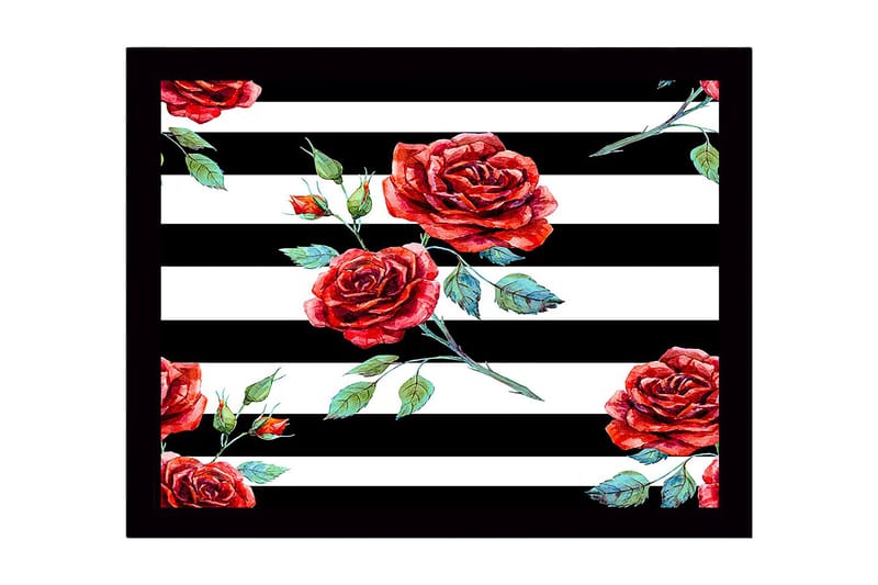 Inramad Canvastavla i trä - 41x56 cm - Röda rosor mot svart-vita ränder - Röd / Grön / Svart - Inredning - Tavlor & konst