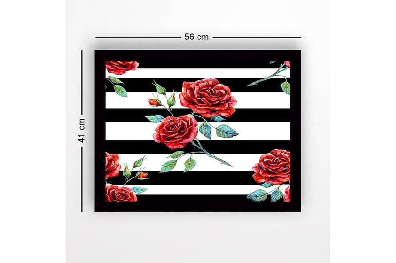Inramad Canvastavla i trä - 41x56 cm - Röda rosor mot svart-vita ränder - Röd / Grön / Svart - Inredning - Tavlor & konst