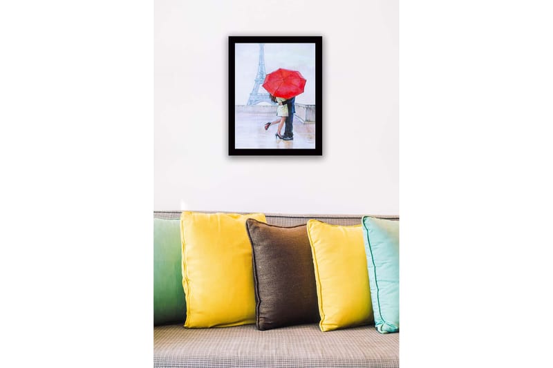 Inramad Canvastavla i trä - 41x56 cm - Romantisk kyss under ett rött paraply i Paris - Röd / Beige / Blå - Inredning - Tavlor & konst