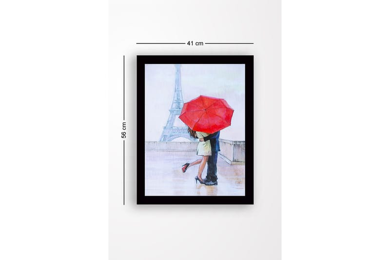 Inramad Canvastavla i trä - 41x56 cm - Romantisk kyss under ett rött paraply i Paris - Röd / Beige / Blå - Inredning - Tavlor & konst