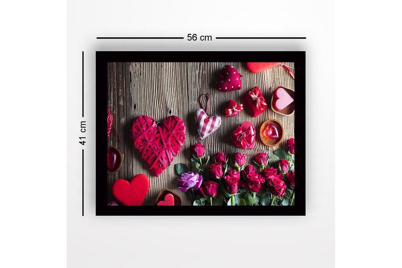 Inramad Canvastavla i trä - 41x56 cm - Romantisk samling av hjärtformade dekorationer och rosor - Röd / Rosa / Grön - Inredning - Tavlor & konst
