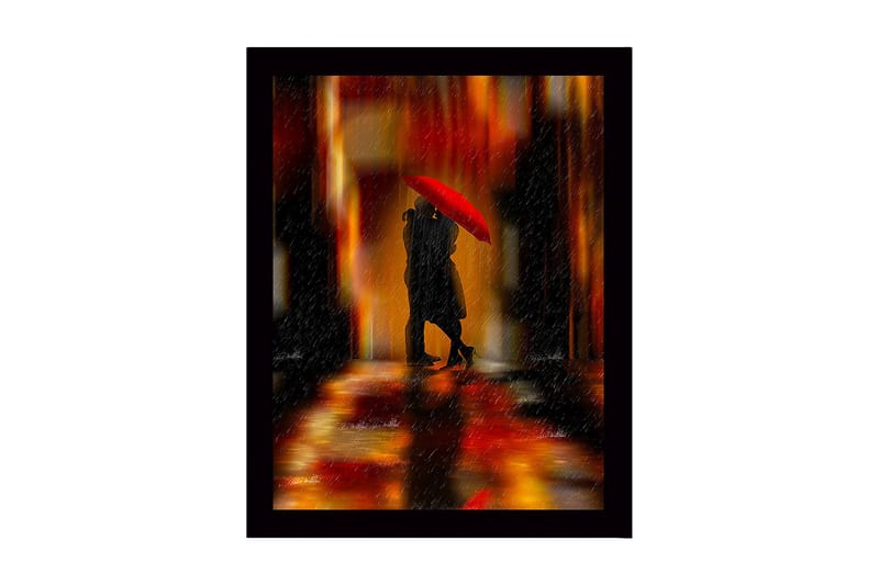Inramad Canvastavla i trä - 41x56 cm - Romantisk scen med par under ett rött paraply, Röd / Orange / Svart