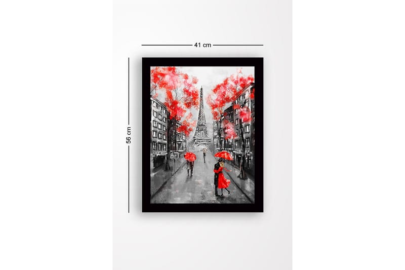 Inramad Canvastavla i trä - 41x56 cm - Romantisk scen med par under röda paraplyer i Paris - Röd / Svart / Grå - Inredning - Tavlor & konst