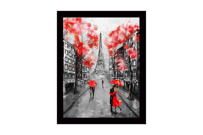 Inramad Canvastavla i trä - 41x56 cm - Romantisk scen med par under röda paraplyer i Paris - Röd / Svart / Grå - Inredning - Tavlor & konst