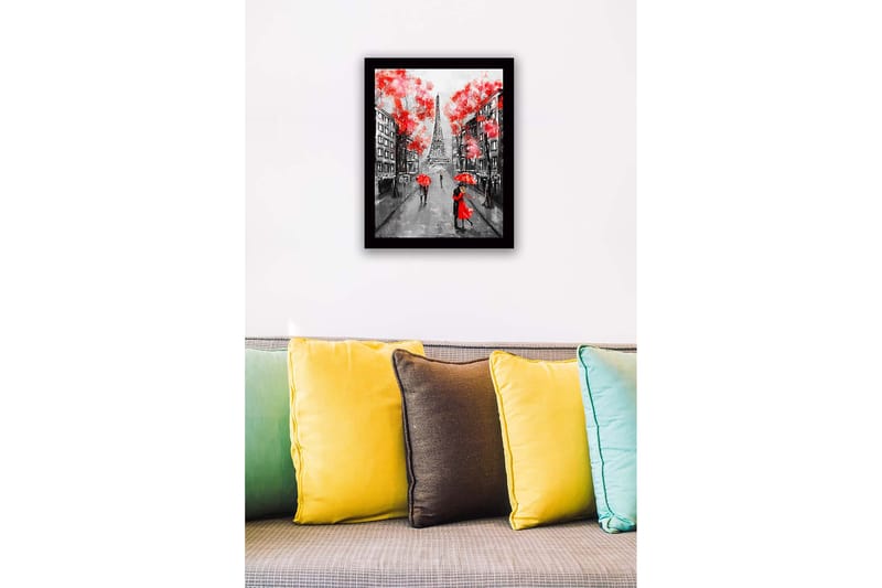 Inramad Canvastavla i trä - 41x56 cm - Romantisk scen med par under röda paraplyer i Paris - Röd / Svart / Grå - Inredning - Tavlor & konst