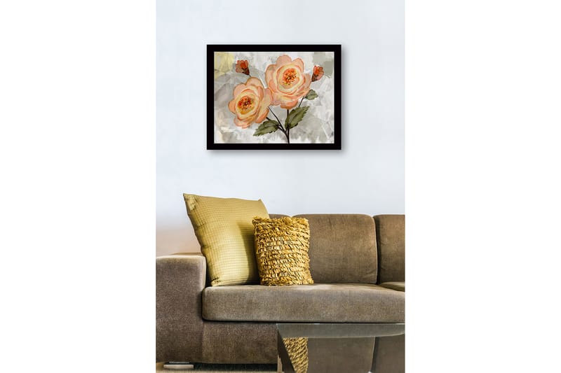 Inramad Canvastavla i trä - 41x56 cm - Rosa blommor med gröna blad - Ljusrosa / Grön / Beige - Inredning - Tavlor & konst