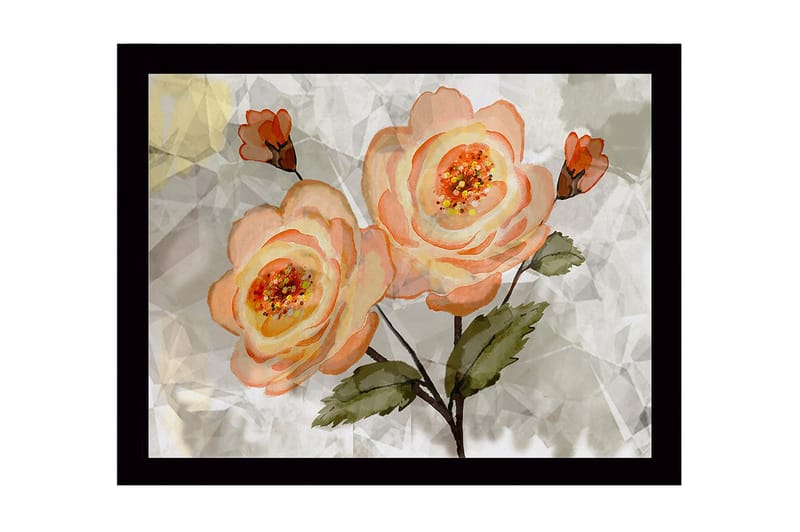 Inramad Canvastavla i trä - 41x56 cm - Rosa blommor med gröna blad, Ljusrosa / Grön / Beige