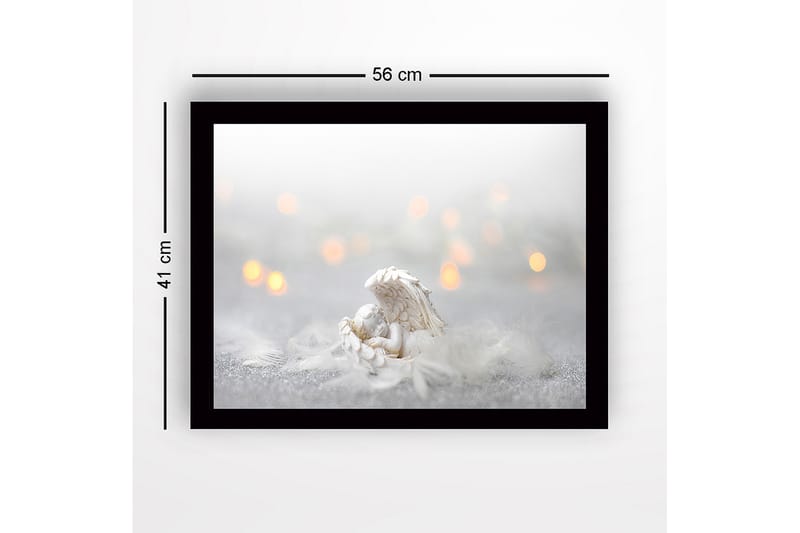 Inramad Canvastavla i trä - 41x56 cm - Söt ängel som vilar i en fjäderbädd - Vit / Ljusgrå / Guld - Inredning - Tavlor & konst