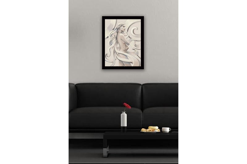 Inramad Canvastavla i trä - 41x56 cm - Sensuell kvinna med flödande hår och en ros i handen - Ljus beige / Grå / Vit - Inredning - Tavlor & konst