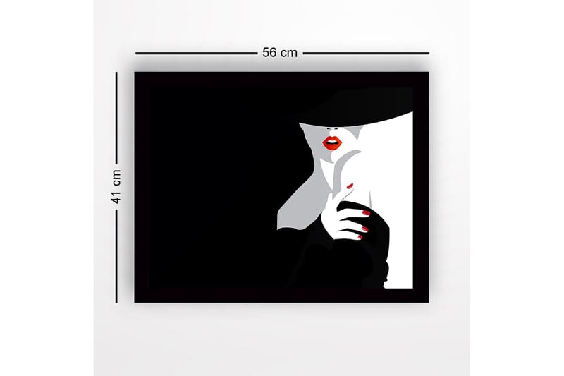 Inramad Canvastavla i trä - 41x56 cm - Sensuell kvinna med röd läppstift och svart hatt - Svart / Vit / Röd - Inredning - Tavlor & konst