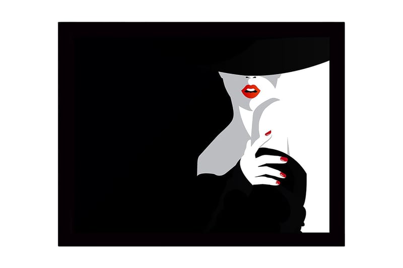 Inramad Canvastavla i trä - 41x56 cm - Sensuell kvinna med röd läppstift och svart hatt, Svart / Vit / Röd