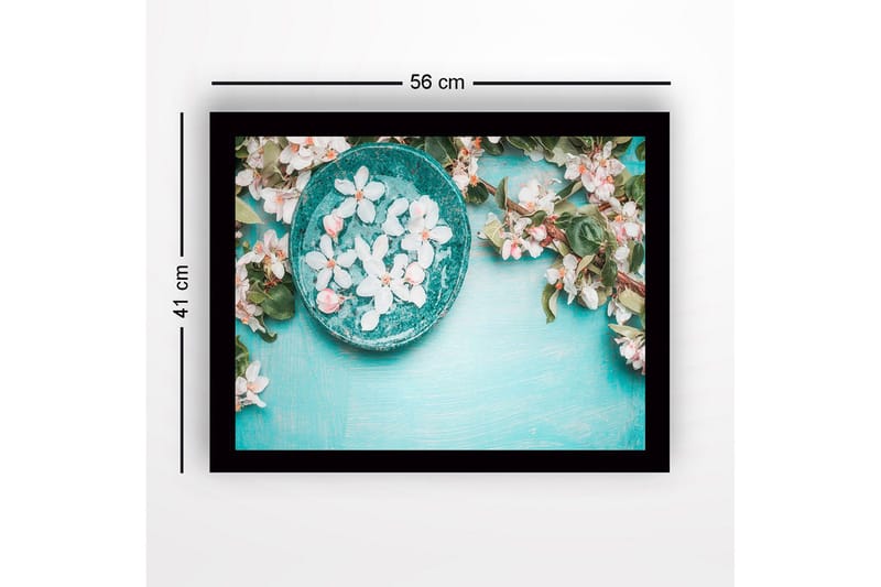 Inramad Canvastavla i trä - 41x56 cm - Skål med blommor på en turkos bakgrund - Turkos / Vit / Grön - Inredning - Tavlor & konst