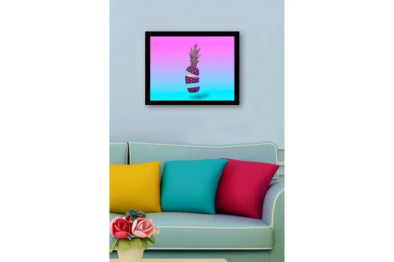 Inramad Canvastavla i trä - 41x56 cm - Skivad ananas i en surrealistisk komposition - Lila / Rosa / Turkos - Inredning - Tavlor & konst