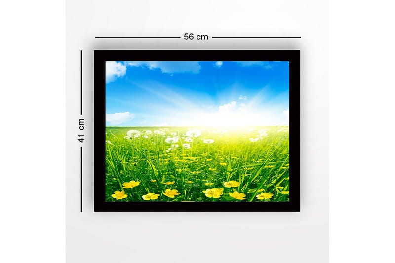 Inramad Canvastavla i trä - 41x56 cm - Solig äng med gula blommor och grönt gräs - Gult / Grönt / Blått - Inredning - Tavlor & konst
