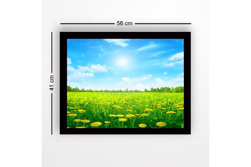 Inramad Canvastavla i trä - 41x56 cm - Solig äng med maskrosor i blomning - Grön / Gul / Blå - Inredning - Tavlor & konst