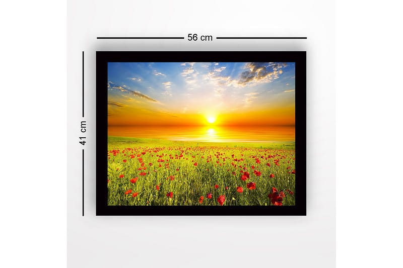 Inramad Canvastavla i trä - 41x56 cm - Solnedgång över en blomstrande äng med vallmo - Gult / Grönt / Rött - Inredning - Tavlor & konst