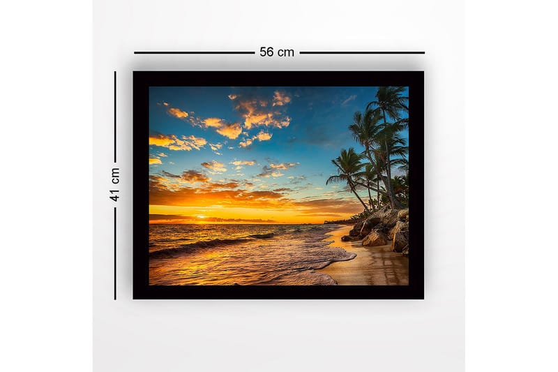 Inramad Canvastavla i trä - 41x56 cm - Solnedgång över en strand med palmer och vågor - Orange / Blå / Grön - Inredning - Tavlor & konst