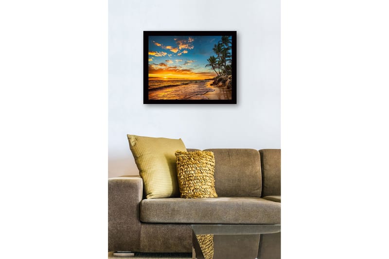 Inramad Canvastavla i trä - 41x56 cm - Solnedgång över en strand med palmer och vågor - Orange / Blå / Grön - Inredning - Tavlor & konst