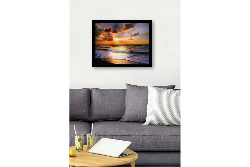 Inramad Canvastavla i trä - 41x56 cm - Solnedgång över havet med dramatiska molnformationer - Orange / Blå / Guld - Inredning - Tavlor & konst