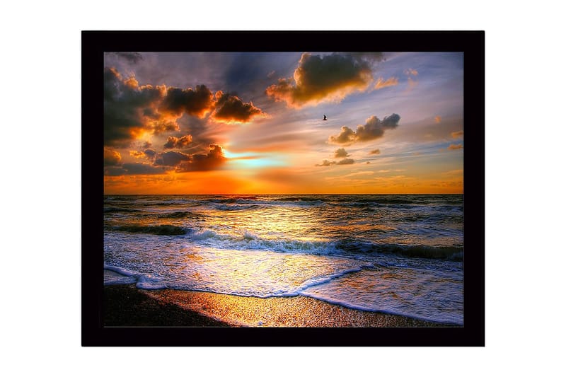 Inramad Canvastavla i trä - 41x56 cm - Solnedgång över havet med dramatiska molnformationer - Orange / Blå / Guld - Inredning - Tavlor & konst