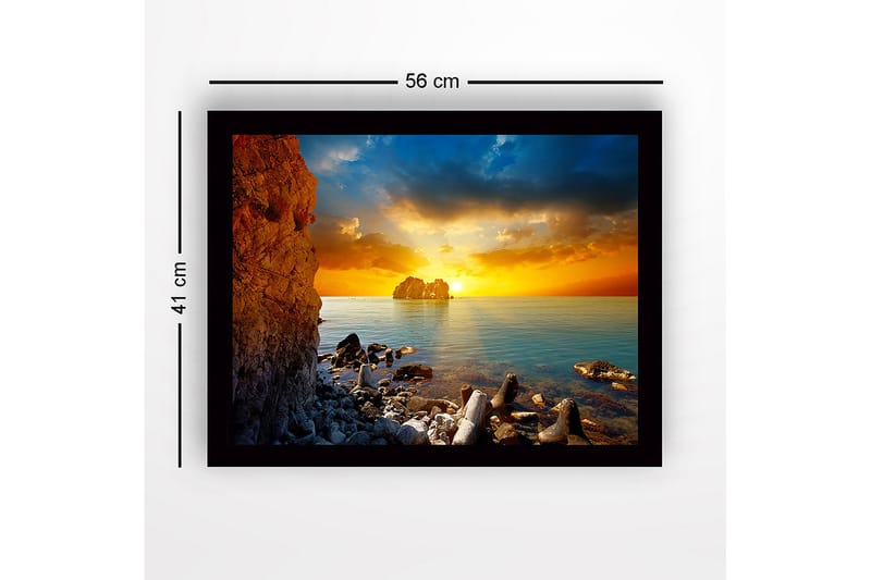 Inramad Canvastavla i trä - 41x56 cm - Solnedgång över havet med klippformationer i förgrunden - Orange / Blå / Grå - Inredning - Tavlor & konst