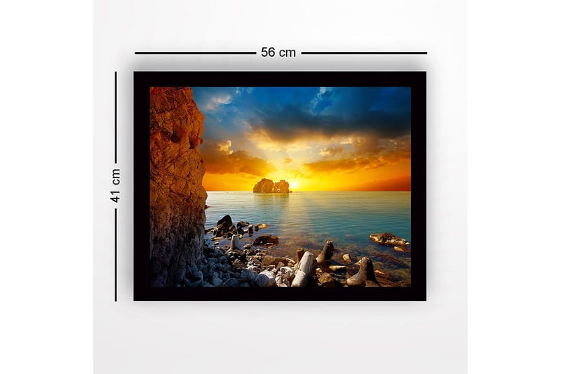 Inramad Canvastavla i trä - 41x56 cm - Solnedgång över havet med klippformationer i förgrunden - Orange / Blå / Grå - Inredning - Tavlor & konst