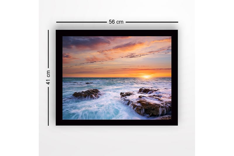 Inramad Canvastavla i trä - 41x56 cm - Solnedgång över havet med klippor i förgrunden - Blå / Orange / Lila - Inredning - Tavlor & konst
