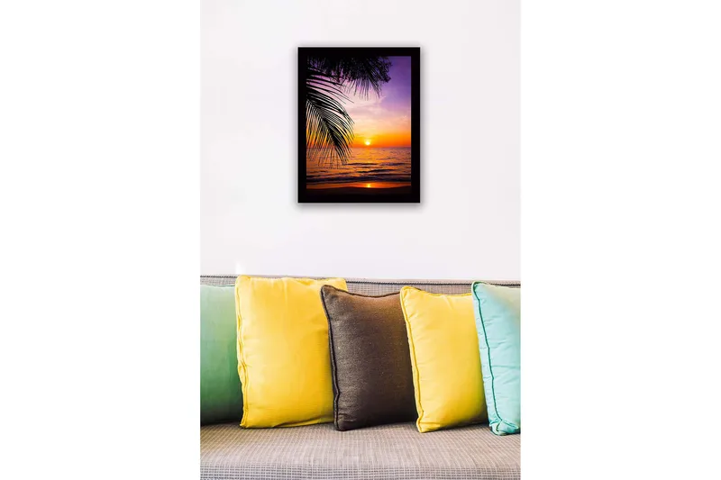 Inramad Canvastavla i trä - 41x56 cm - Solnedgång över havet med palmer i förgrunden - Lila / Orange / Gult - Inredning - Tavlor & konst