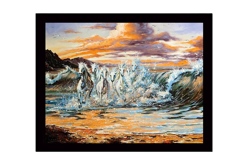 Inramad Canvastavla i trä - 41x56 cm - Sprudlande hästar som galopperar genom vågorna vid solnedgången, Vit / Blå / Orange