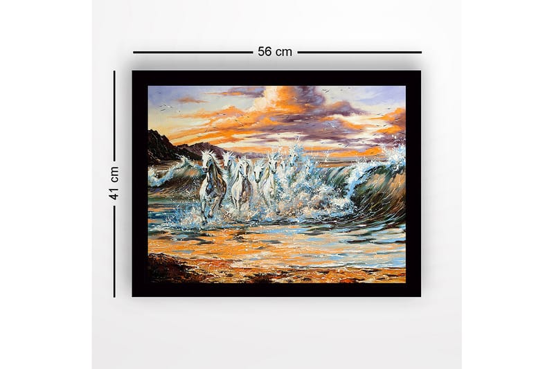 Inramad Canvastavla i trä - 41x56 cm - Sprudlande hästar som galopperar genom vågorna vid solnedgången - Vit / Blå / Orange - Inredning - Tavlor & konst