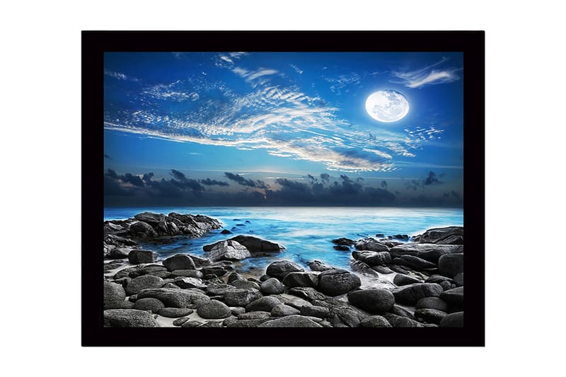 Inramad Canvastavla i trä - 41x56 cm - Stämningsfull havslandskap med måne och klippor - Blå / Grå / Vit - Inredning - Tavlor & konst