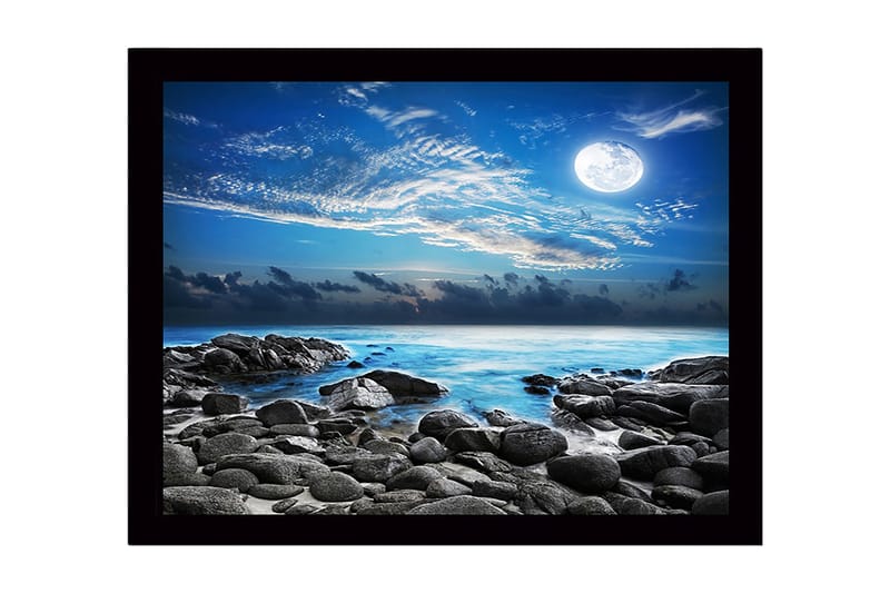 Inramad Canvastavla i trä - 41x56 cm - Stämningsfull havslandskap med måne och klippor, Blå / Grå / Vit