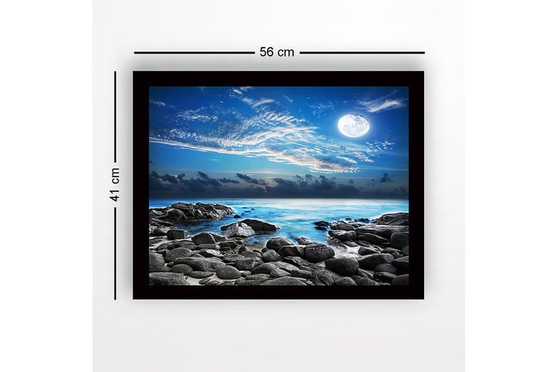 Inramad Canvastavla i trä - 41x56 cm - Stämningsfull havslandskap med måne och klippor - Blå / Grå / Vit - Inredning - Tavlor & konst