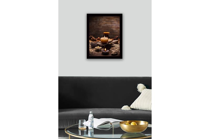 Inramad Canvastavla i trä - 41x56 cm - Stämningsfull samling av ljus och stenar - Guld / Brun / Grå - Inredning - Tavlor & konst