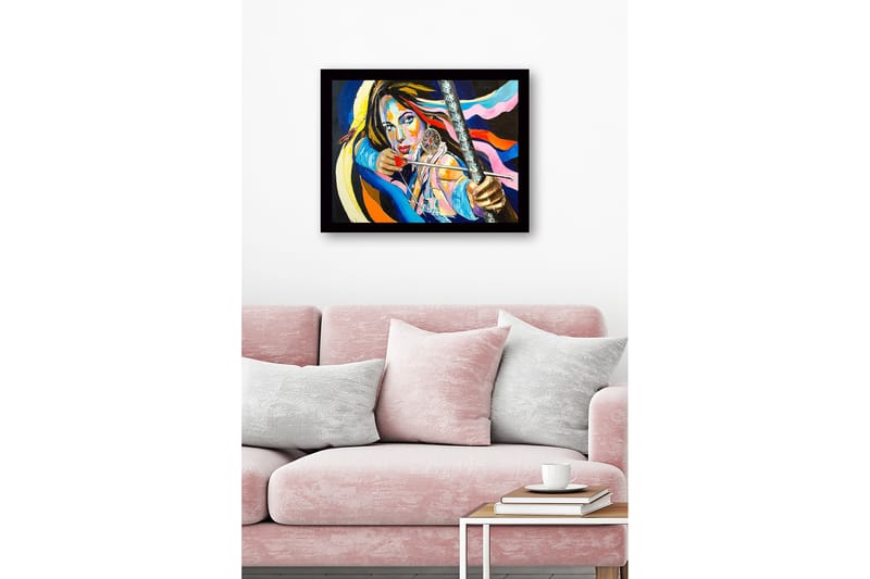 Inramad Canvastavla i trä - 41x56 cm - Starkt porträtt av en kvinna med en pilbåge och drömfångare - Blå / Rosa / Orange - Inredning - Tavlor & konst