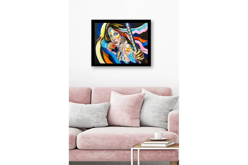 Inramad Canvastavla i trä - 41x56 cm - Starkt porträtt av en kvinna med en pilbåge och drömfångare - Blå / Rosa / Orange - Inredning - Tavlor & konst