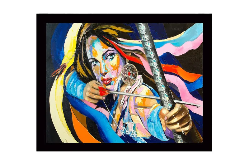 Inramad Canvastavla i trä - 41x56 cm - Starkt porträtt av en kvinna med en pilbåge och drömfångare, Blå / Rosa / Orange