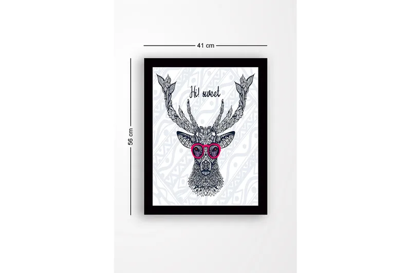 Inramad Canvastavla i trä - 41x56 cm - Stilig hjort med glasögon och detaljerad mönstring - Mörkblå / Rosa / Vit - Inredning - Tavlor & konst