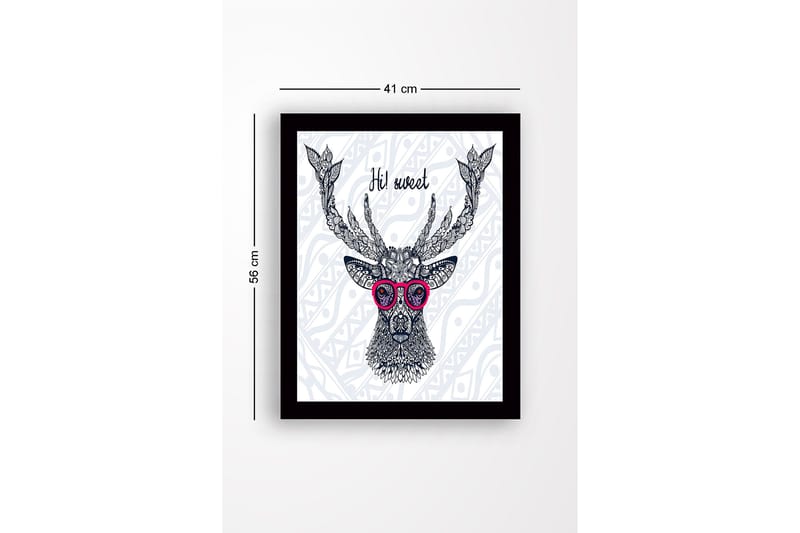 Inramad Canvastavla i trä - 41x56 cm - Stilig hjort med glasögon och detaljerad mönstring - Mörkblå / Rosa / Vit - Inredning - Tavlor & konst