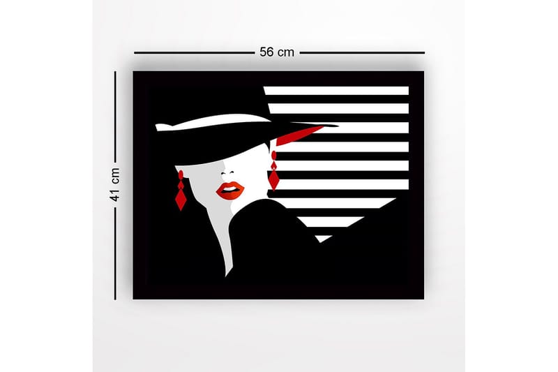 Inramad Canvastavla i trä - 41x56 cm - Stiliserad kvinna med hatt och röda läppar - Svart / Vitt / Röd - Inredning - Tavlor & konst