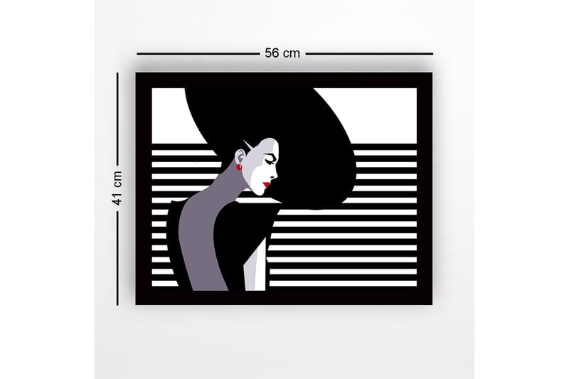 Inramad Canvastavla i trä - 41x56 cm - Stiliserad kvinna med långt hår i profil - Svart / Vit / Röd - Inredning - Tavlor & konst