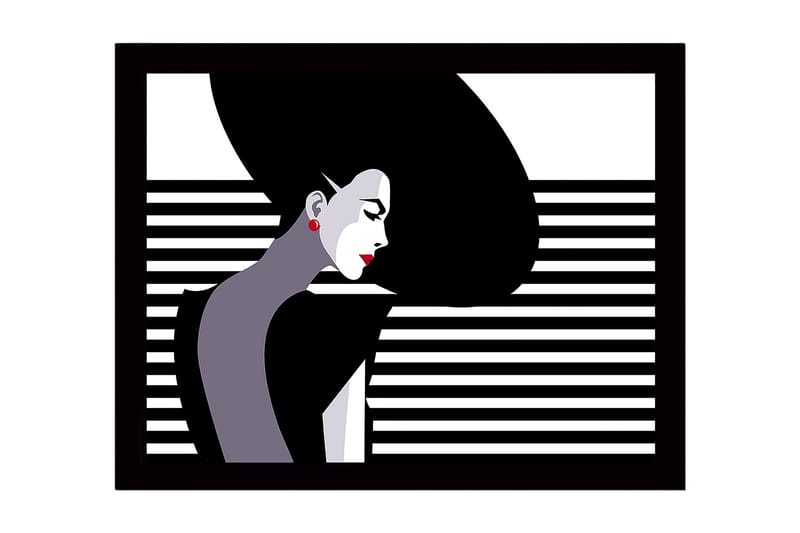 Inramad Canvastavla i trä - 41x56 cm - Stiliserad kvinna med långt hår i profil, Svart / Vit / Röd